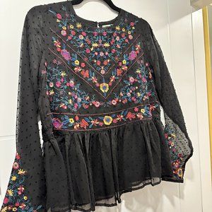 Allison New York Size S Black Swiss Dot Floral Embroidered Chiffon Peplum Top